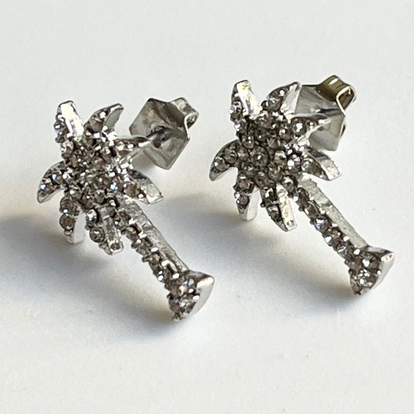 Palm Tree Earrings Crystal Silver Plated Post Stud Tropical Island Beach Life - Picture 5 of 8